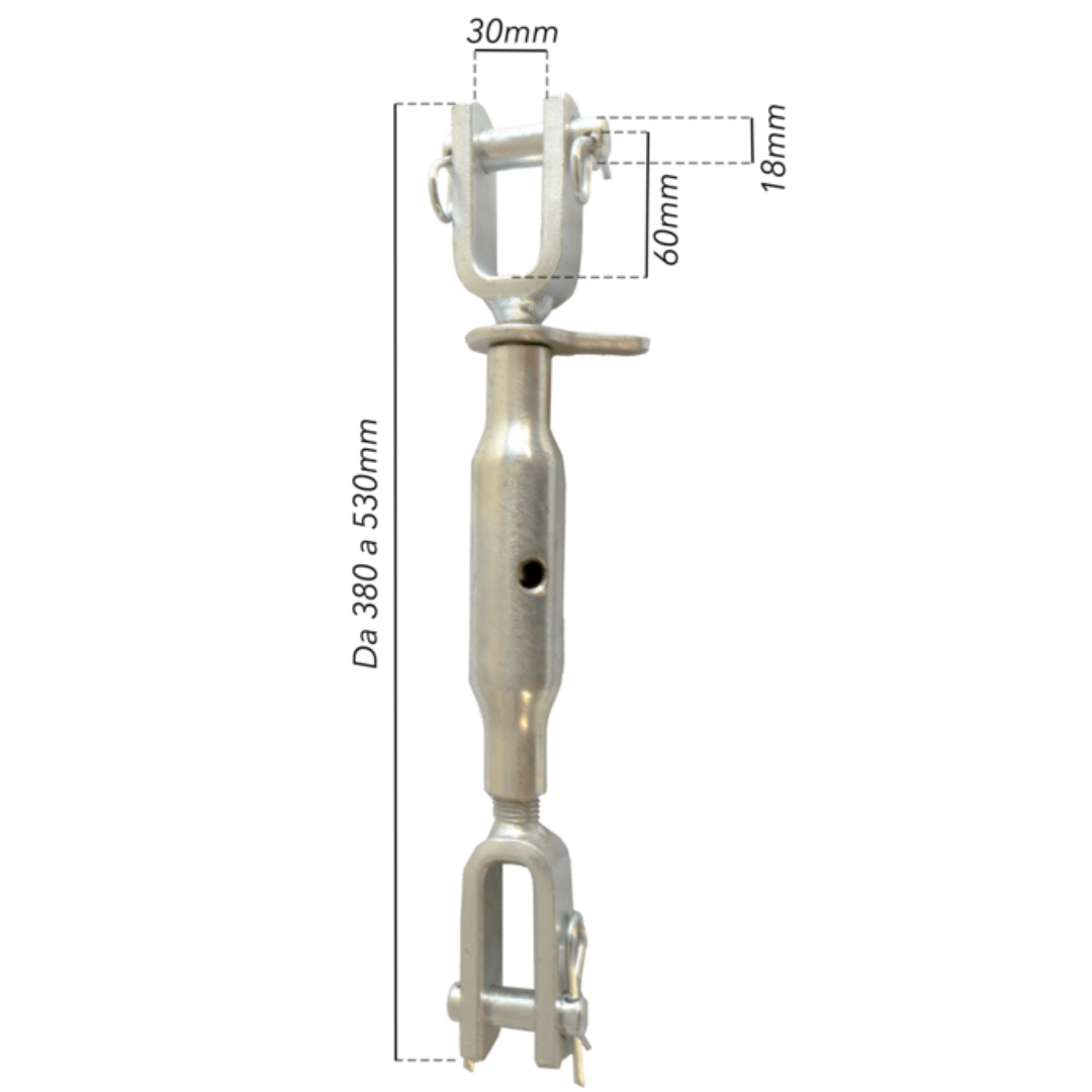 Braccio laterale meccanico di sollevamento per trattori fino a 60 Hp, regolabile da 380 a 530 mm con filettatura M22x2,5. Robusto, sicuro e versatile.