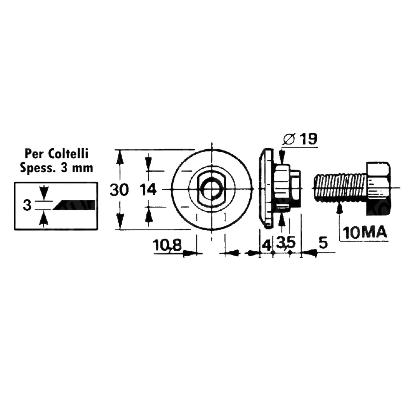Bullone portacoltello Ø19 – 10MA per falciatrici BCS 404‑405‑406 e GS. Ricambio resistente, compatibile con codici BCS 562.29614.0 e 311.12208.1.