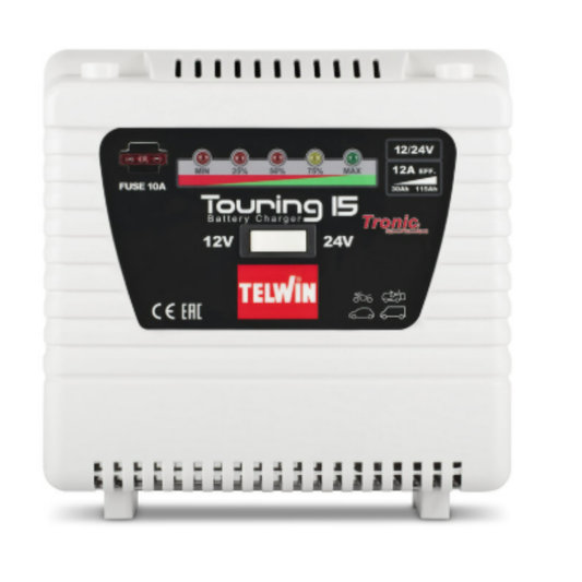 Caricabatterie Telwin Touring 15 12V/24V 12A con mantenitore TRONIC, LED e protezioni. Per batterie di auto e trattori. Ideale per abbacchiatori elettrici olive