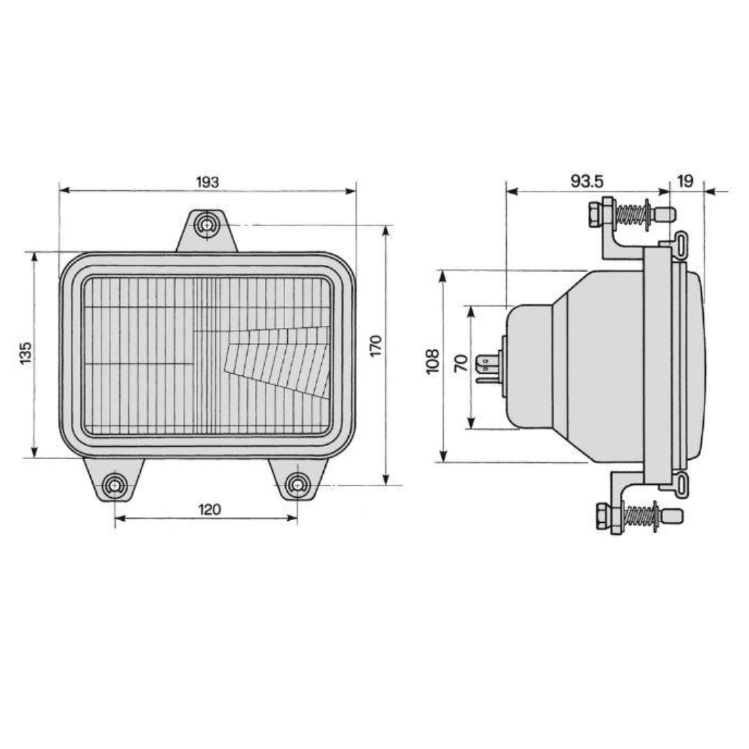 Proiettore COBO abbagliante/anabbagliante 12‑24V per trattori Fiat serie WINNER Rif.5154453. Ricambio robusto 193×135×95 88/94 F100 F115 F130 F140 con lampada