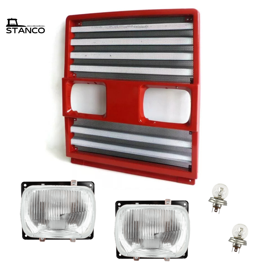 Kit calandra radiatore + fari anteriori per trattori Fiat e New Holland serie 90 e 55. Protezione, visibilità e compatibilità garantite. Fiat 80/90 110/90 70/90