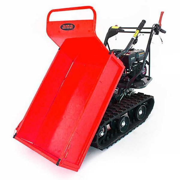 Motocarriola cingolata AMA TAG300T con motore Loncin 6,5 Hp e 196 CC, portata 300 Kg, ribaltamento assistito a molla a gas, 3 marce avanti e 1 retro. Ideale per lavori gravosi, con sistema auto-frenante per massima sicurezza e prestazioni eccellenti su ogni terreno.