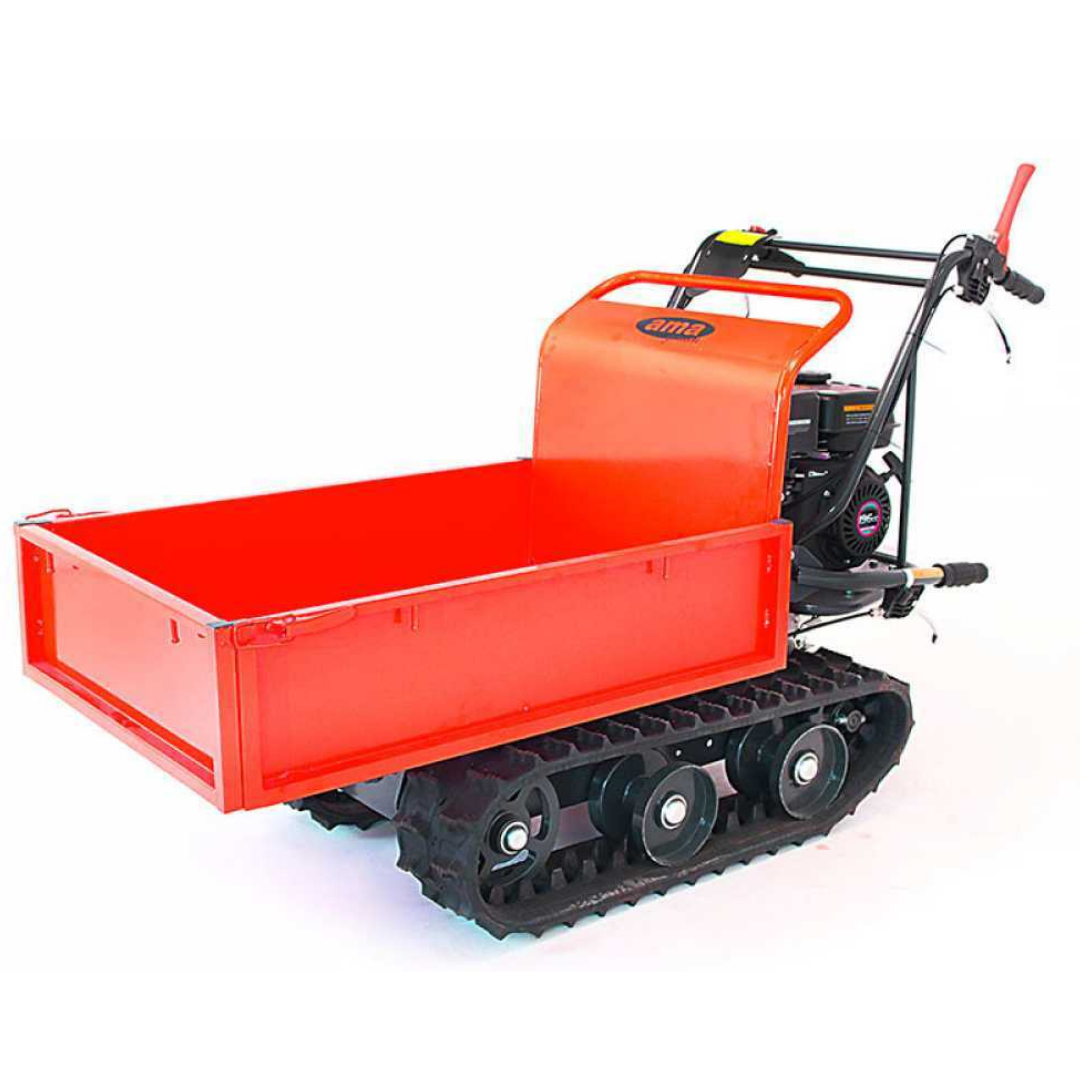 Motocarriola cingolata AMA TAG300T con motore Loncin 6,5 Hp e 196 CC, portata 300 Kg, ribaltamento assistito a molla a gas, 3 marce avanti e 1 retro. Ideale per lavori gravosi, con sistema auto-frenante per massima sicurezza e prestazioni eccellenti su ogni terreno.