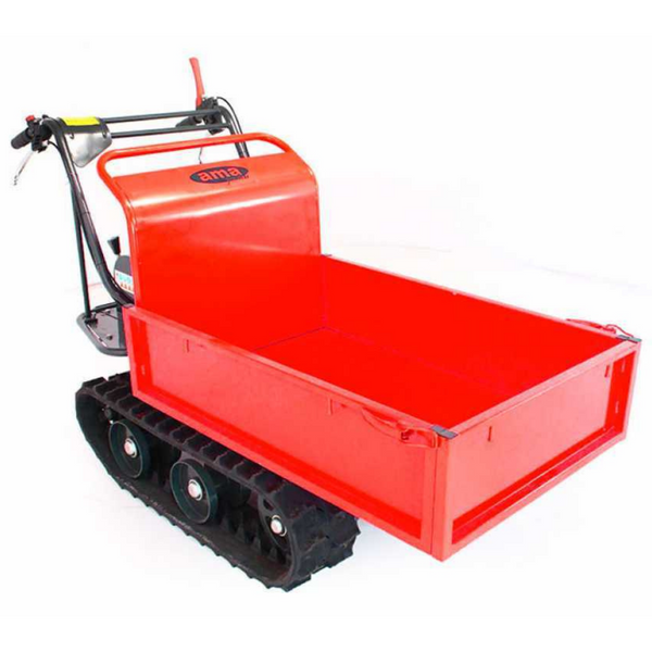 Motocarriola cingolata AMA TAG300T con motore Loncin 6,5 Hp e 196 CC, portata 300 Kg, ribaltamento assistito a molla a gas, 3 marce avanti e 1 retro. Ideale per lavori gravosi, con sistema auto-frenante per massima sicurezza e prestazioni eccellenti su ogni terreno.