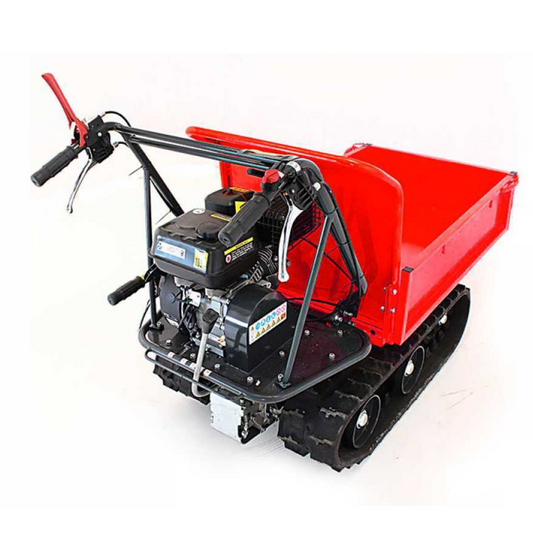 Motocarriola cingolata AMA TAG300T con motore Loncin 6,5 Hp e 196 CC, portata 300 Kg, ribaltamento assistito a molla a gas, 3 marce avanti e 1 retro. Ideale per lavori gravosi, con sistema auto-frenante per massima sicurezza e prestazioni eccellenti su ogni terreno.