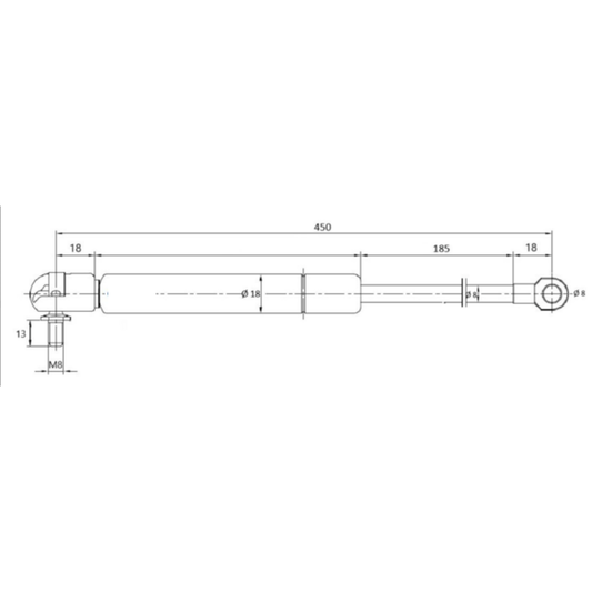 Molla a gas 350 N da 450 mm per trattori e macchine agricole. Pistoncino universale con snodo e occhiello Ø8 mm per cofani, portiere e vetri cabina.