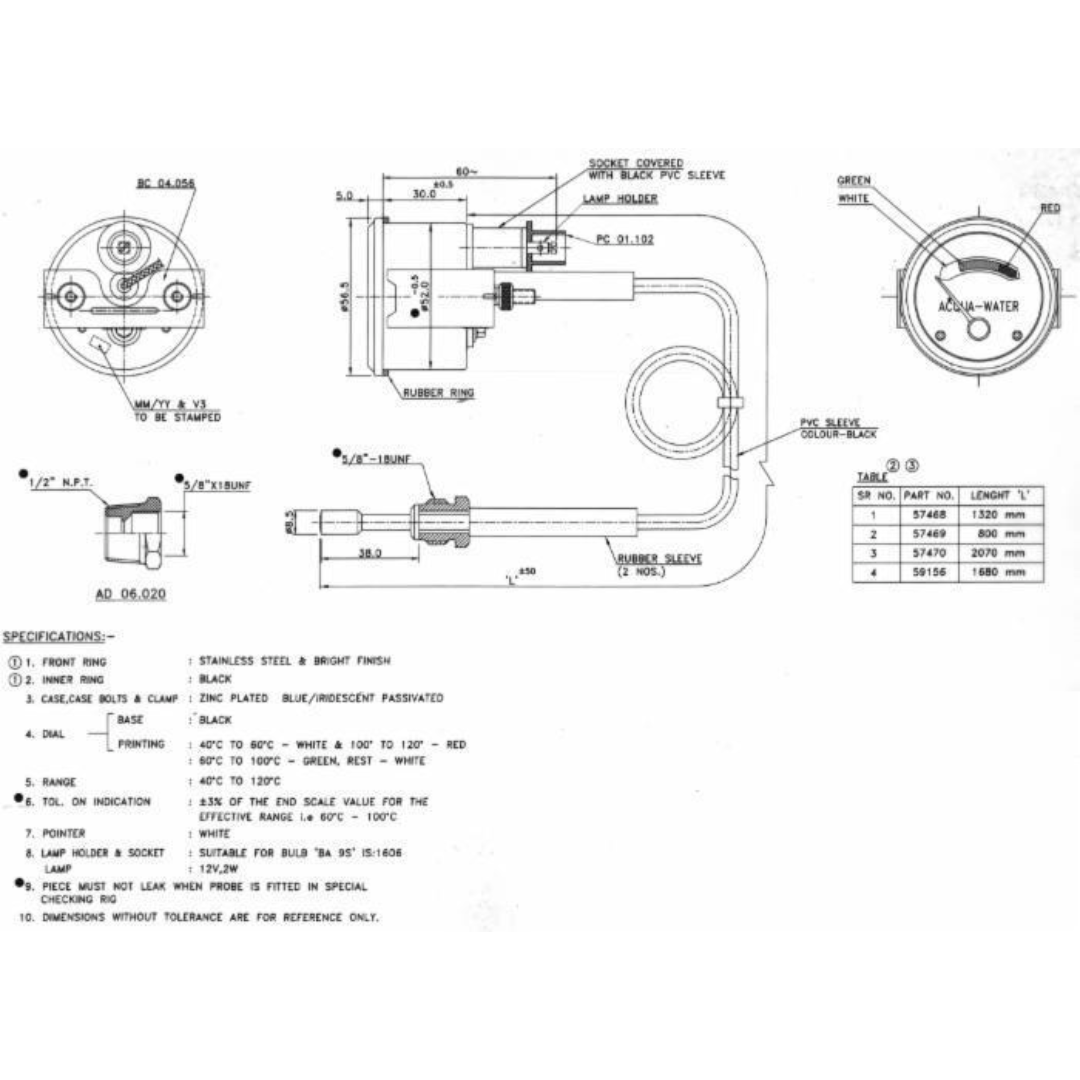 Indicatore di temperatura per Fiat - Fiat Allis capillare 1320mm. Fiat 411 311 451 351 415
