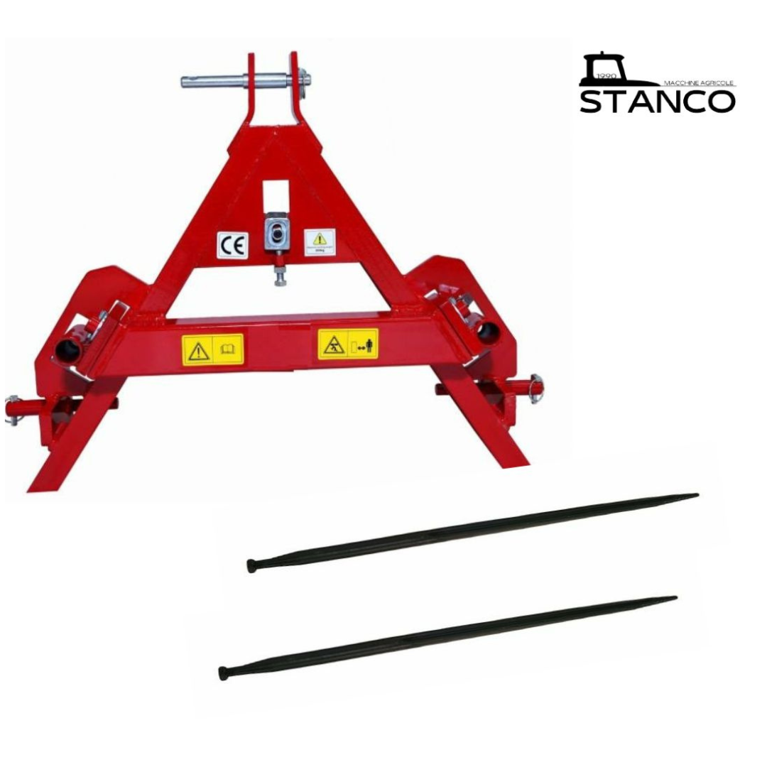 Triangolo per punte carico e trasporto rotoballe completo di punte filettate Ø 36X1000 MM