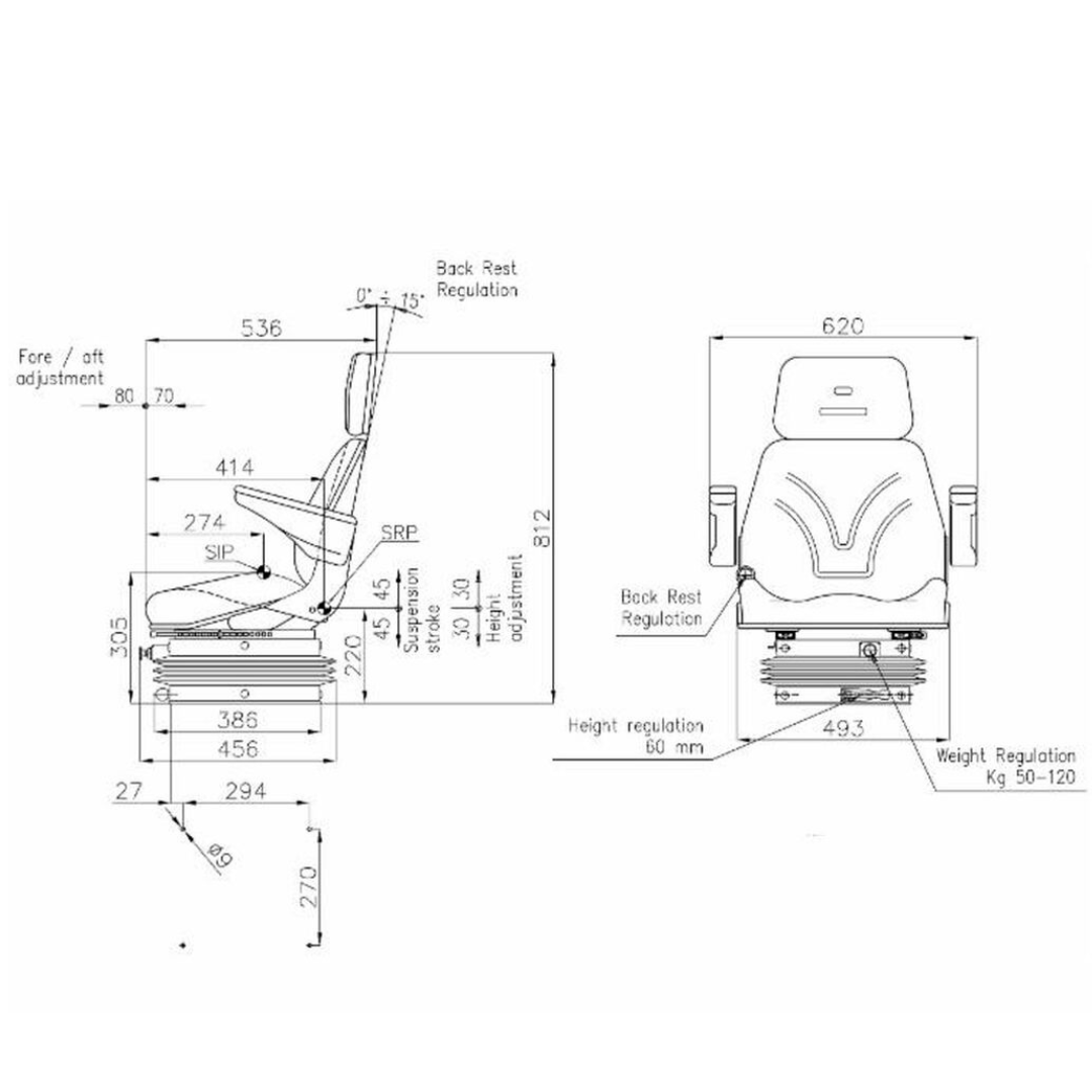 Sedile TOP in tessuto nero con molleggio PNEUMATICO per trattori Fiat 100/90 110/90 F100 F130 WINNER, New Holland, Same
