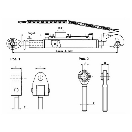 Terzo punto idraulico 63x35x210 interasse 95mm per Landini 6500 7000 VISION, Fiat 580 850 670 1000, Agrifull, Deutz AGROPLUS, Massey Ferguson con snodo anteriore e posteriore