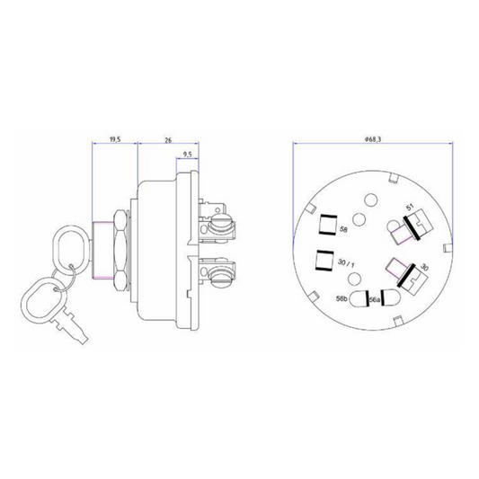 Quadro luce con chiave a 6 posizioni per trattori Fiat Nastro d’Oro. Collegamento a vite e spina. Compatibile con 350, 400, 450, 480, 500, 640, 850, 1000, 1300.