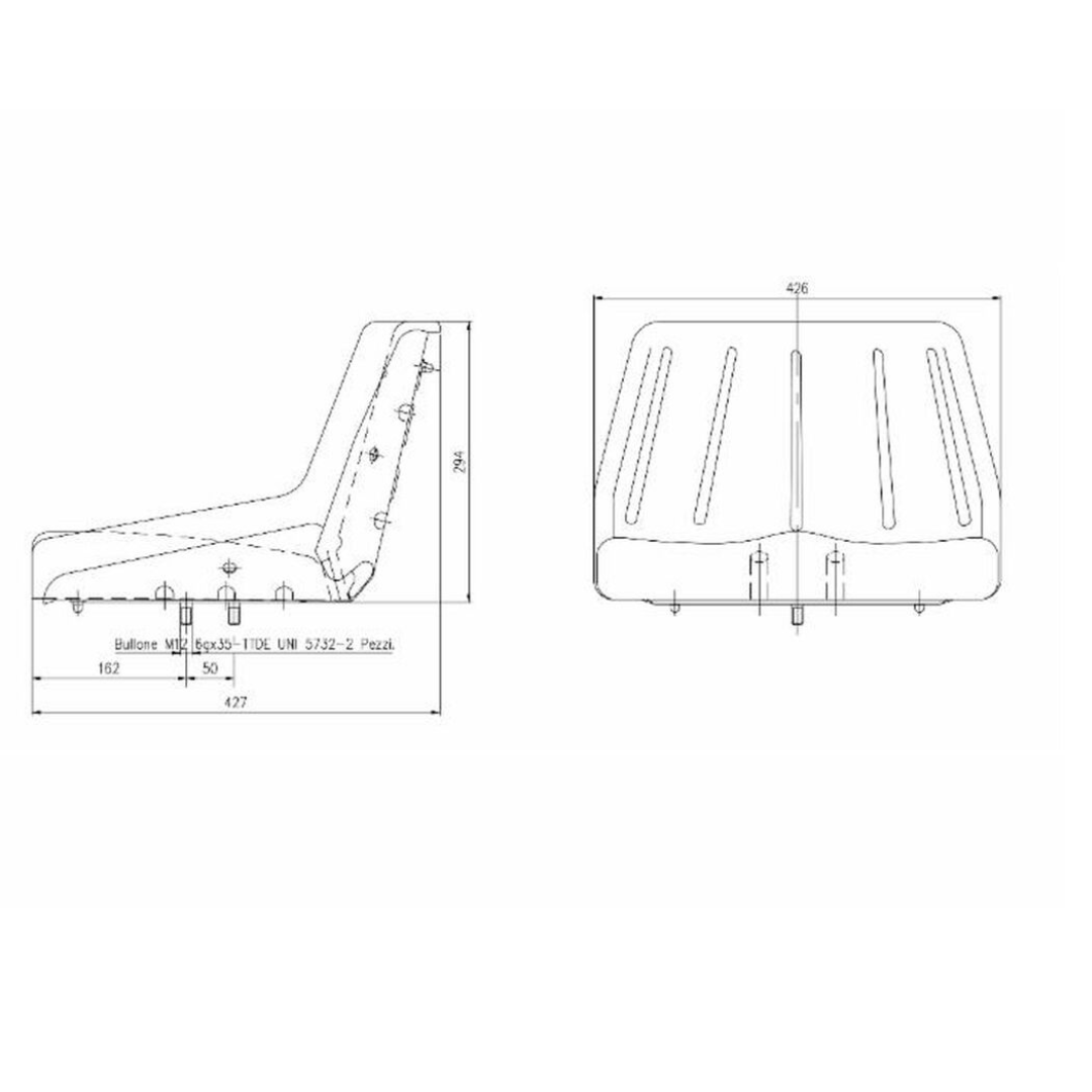Sedile universale macchine da giardinaggio, motoagricole e pulizia industriale. Rivestimento in poliuretano nero, lamiera resistente. Dimensioni 427x426x294 mm.