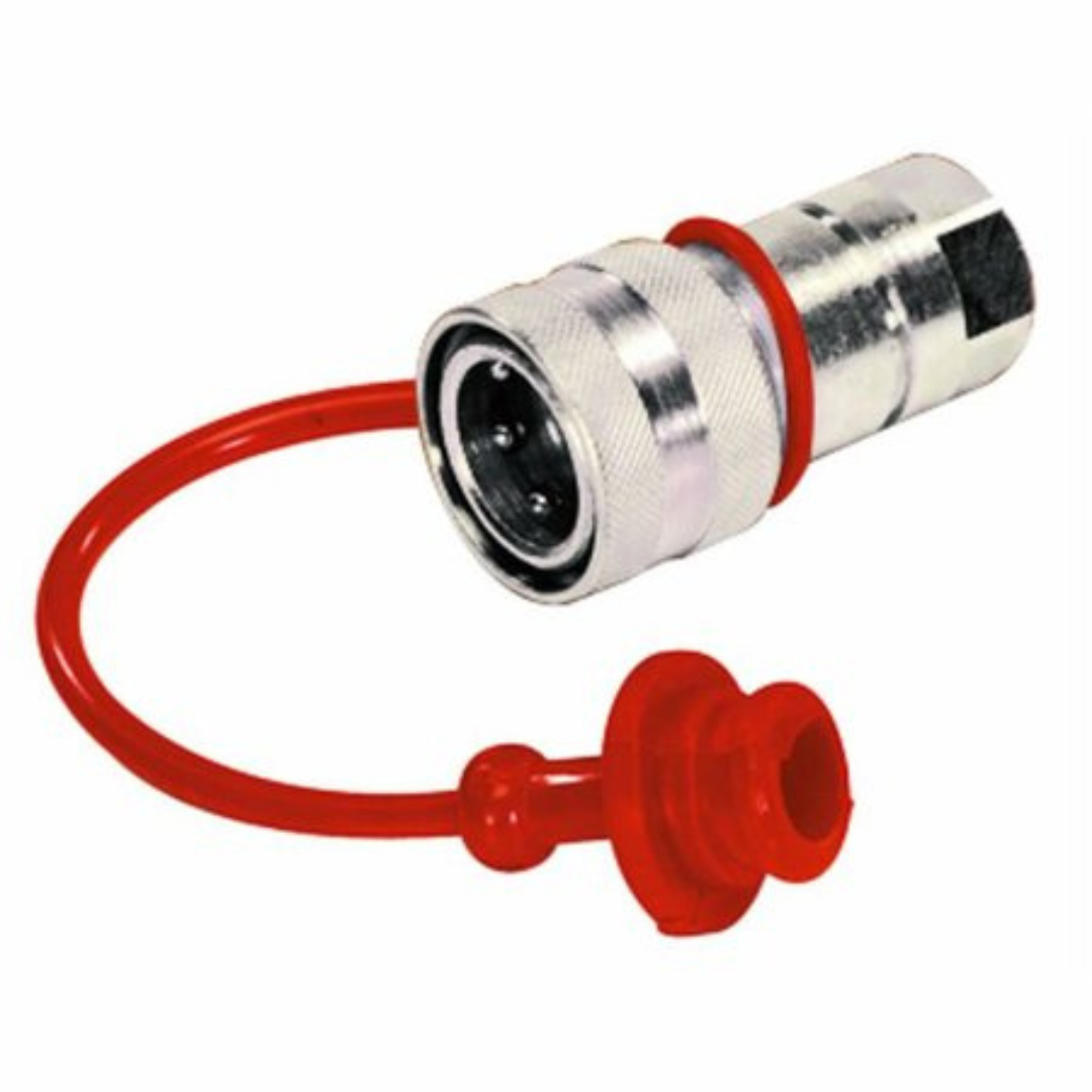Tappo parapolvere rosso per innesti rapidi femmina M1/2" ISO 7241-A. Protegge da polvere e sporco, ideale per applicazioni agricole e industriali