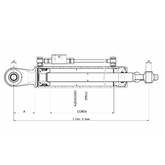 Terzo punto idraulico Categoria 1 per trattore, lunghezza 460-670 mm, corsa 210 mm, stelo Ø30, alesaggio Ø50 e fori Ø19 mm. Trattori frutteto Same e Lamborghini