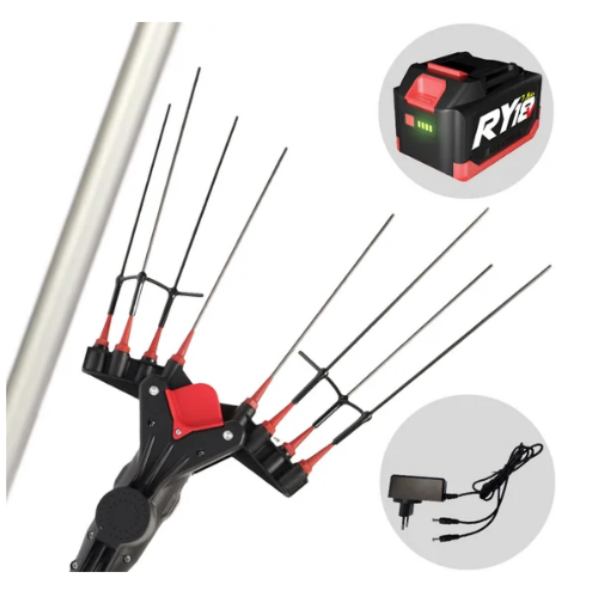 Abbacchiatore elettrico Castellari Vertigo L 18 12V 500W con batteria litio 18V 7,8Ah, 8 rebbi in carbonio e asta telescopica 240-330 cm. Caricabatterie incluso