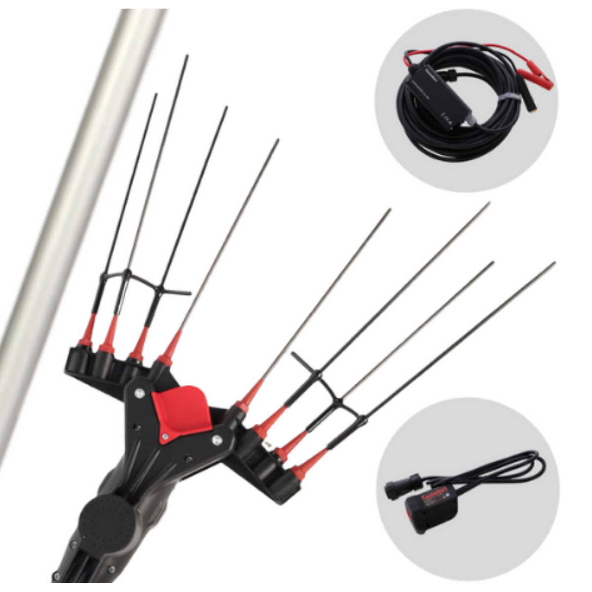 Abbacchiatore elettrico Castellari Vertigo L 18 12V da utilizzare con batteria tipo auto. Cavo incluso 8 rebbi in carbonio e asta telescopica 240-330 cm.