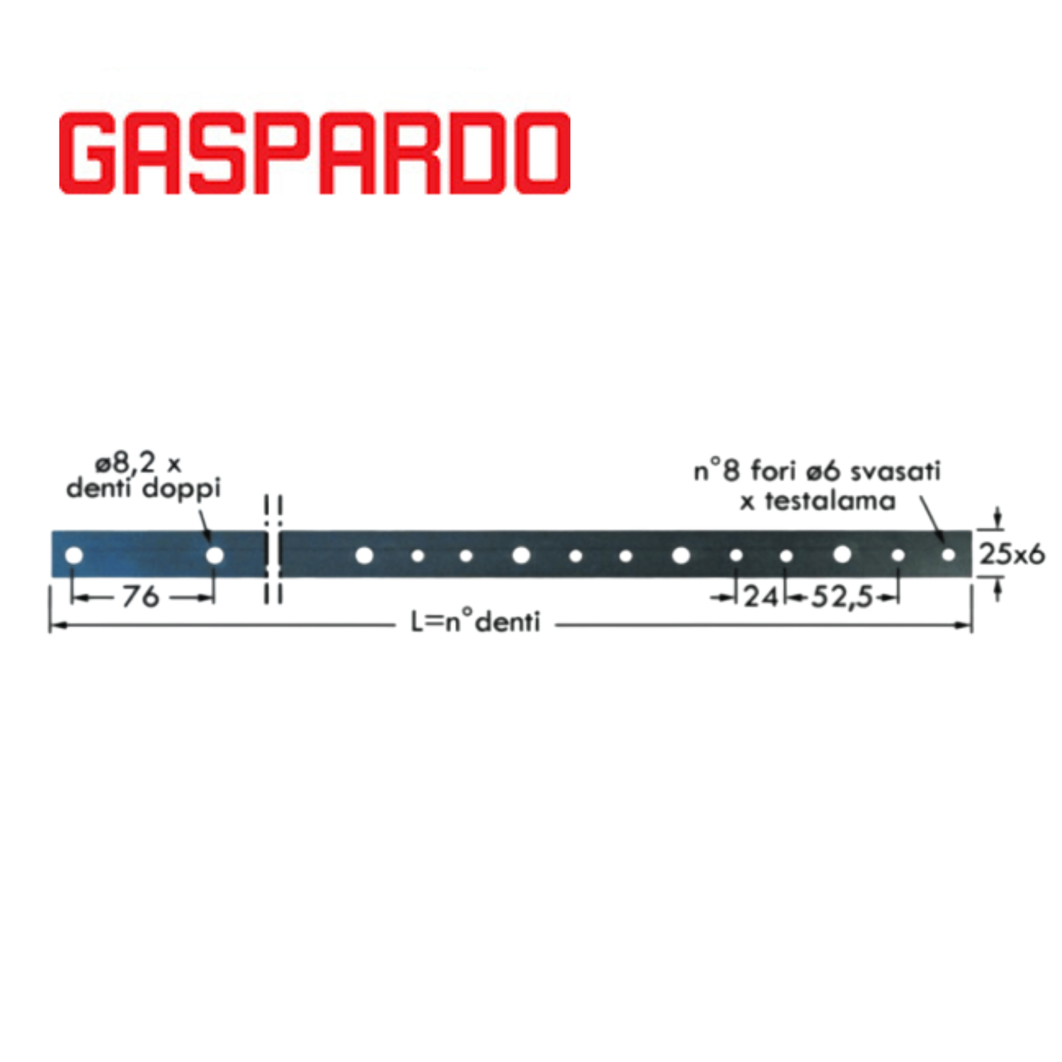 Asta forata porta denti per dentiera Gaspardo 2,05 m. Ricambio originale 13013310 per FBR 205 e Fiore 205. Predisposta per biella e 14 denti smontabili a vite.