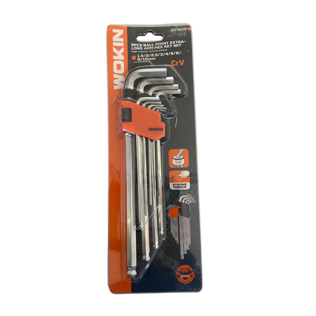 Set chiavi esagonali sferiche lunghe WOKIN in acciaio cromo vanadio. Alta qualità, precisione e resistenza per uso professionale e hobbistico