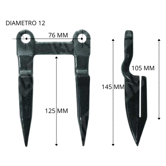 Dente doppio bonificato per terreni pietrosi, ideale per barra di taglio mietitrebbie Laverda e Arbos.
Foro di attacco ø12 mm, resistenza e durata per l’agricoltura!