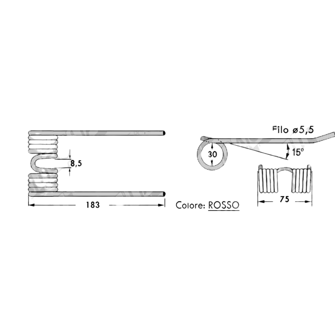 DENTE-MOLLA H183 L75 ø5,5 con punte piegate per rotopresse Mascar, Wolagri, Supertino. Ricambio agricolo resistente per modelli dal 2001. Affidabilità garantita!"