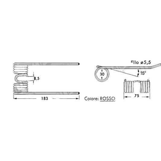 DENTE-MOLLA H183 L75 ø5,5 con punte piegate per rotopresse Mascar, Wolagri, Supertino. Ricambio agricolo resistente per modelli dal 2001. Affidabilità garantita!"