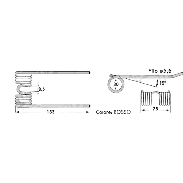DENTE-MOLLA H183 L75 ø5,5 con punte piegate per rotopresse Mascar, Wolagri, Supertino. Ricambio agricolo resistente per modelli dal 2001. Affidabilità garantita!"
