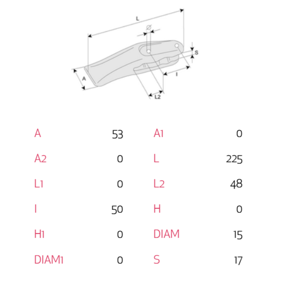 Dente a forcella in acciaio per escavatori, miniescavatori e minipale. Resistente e affidabile, compatibile con vari modelli e marchi: Kubota, Fai, Komatsu