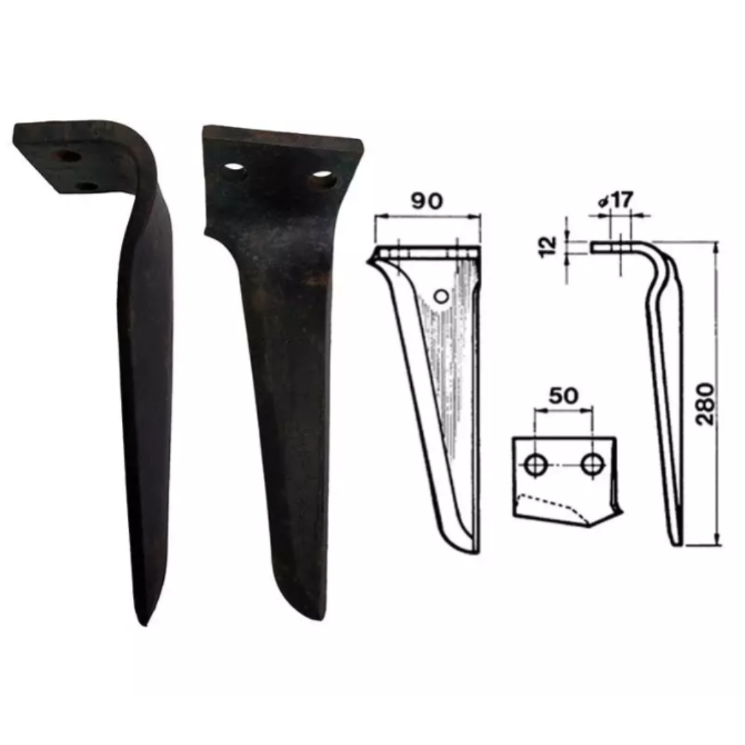 Dente per erpice rotante destro foro 17 mm, piatto 90 mm. Alta qualità Made in Italy. Compatibile Maschio, Celli, Kverneland, Valentini., Tortella, Sicma