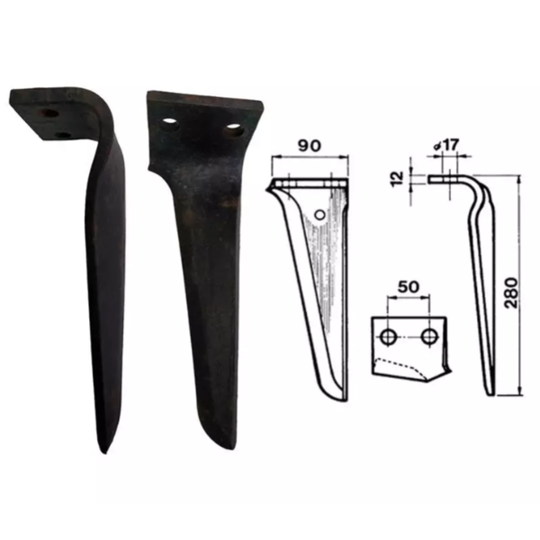 Dente per erpice rotante destro foro 17 mm, piatto 90 mm. Alta qualità Made in Italy. Compatibile Maschio, Celli, Kverneland, Valentini., Tortella, Sicma