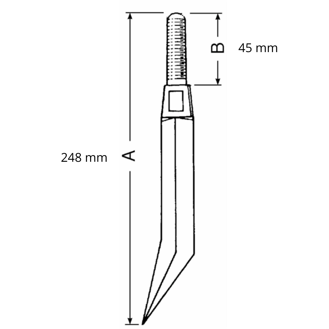 Dente quadro per erpice tipo 3 con dado e rondella. Filettatura M16, lunghezza 248 mm. Ricambio resistente per attrezzature agricole e lavorazioni del terreno.