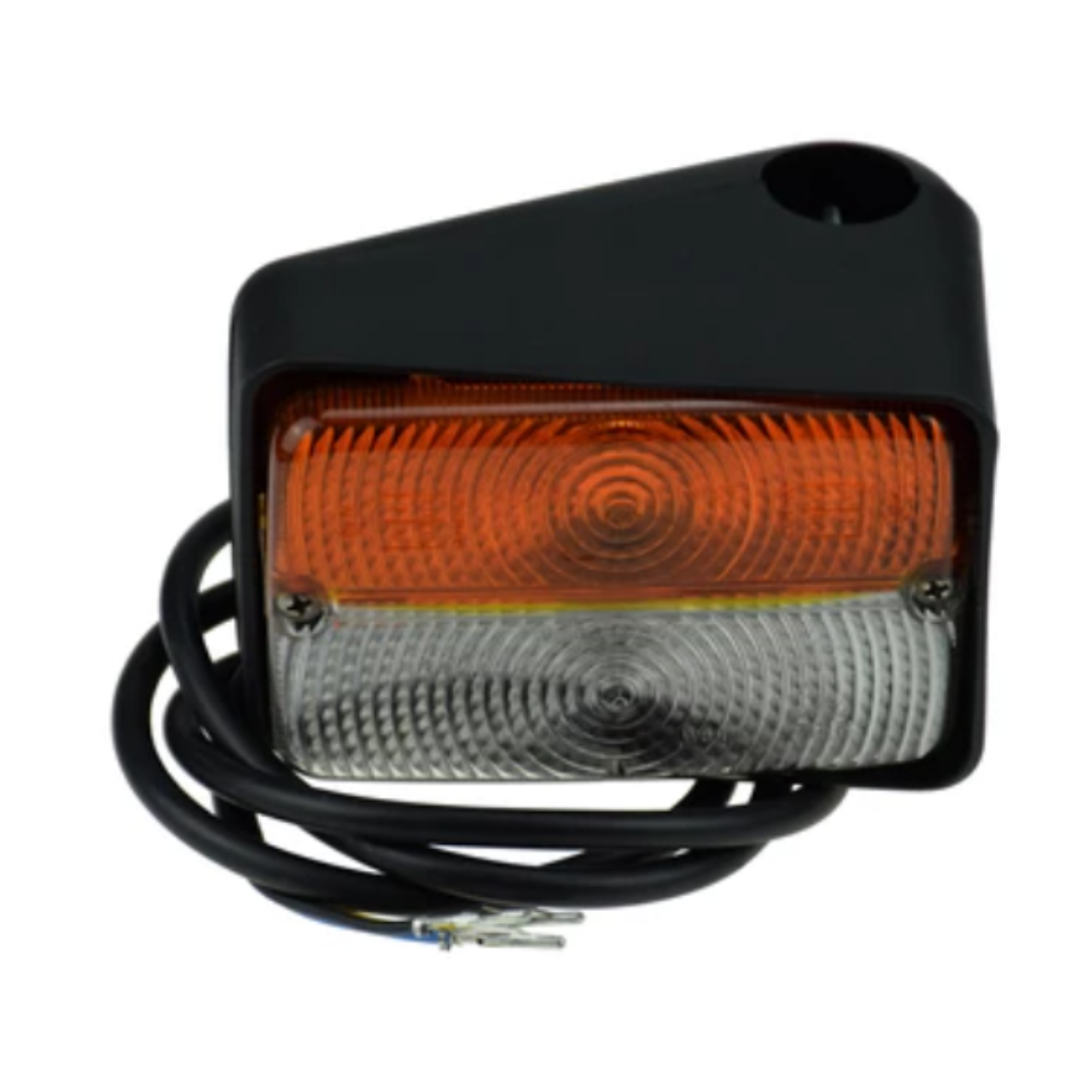 Fanale anteriore sinistro COBO 2 luci 12V per Fiat, Ford e New Holland, rif. 5146292 82009121. Misure 122x82x85 mm, foro Ø26 mm, lampade incluse