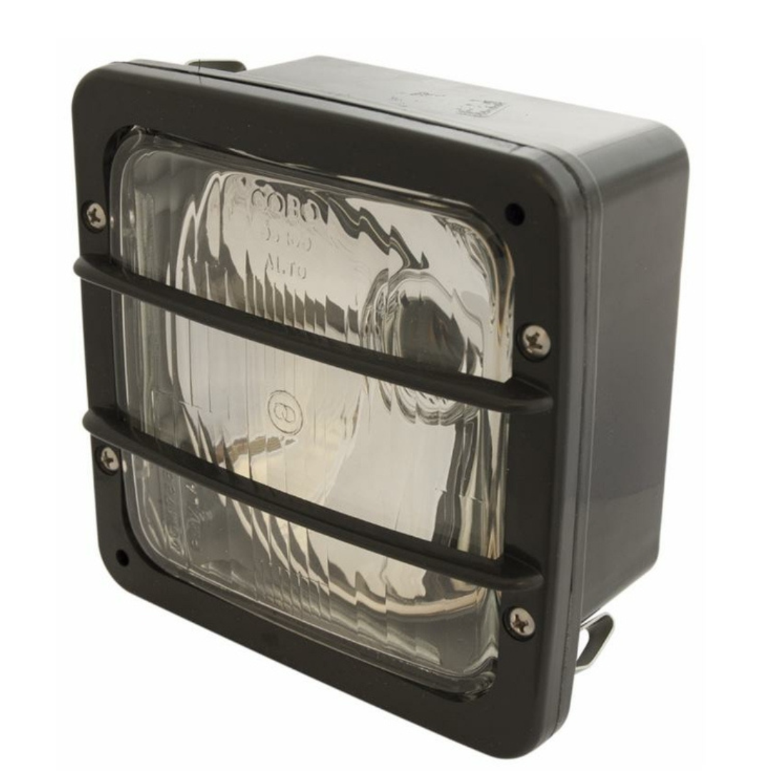 Fanale anteriore 140x140mm dx/sx per trattori Landini, Same, Deutz-Fahr. Luce abbagliante e anabbagliante, fissaggio a molla, lampadine incluse.