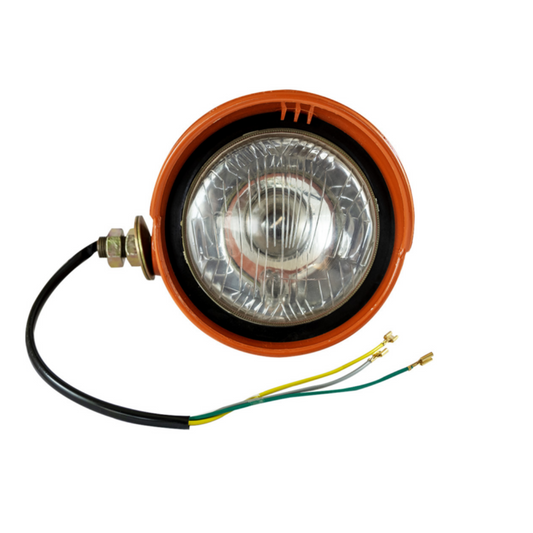 Fanale anteriore sx trattori Fiat arancione con luci abbagliante, anabbagliante e di posizione. Compatibile con Fiat natro oro. Lampadine incluse. 640 605 540 