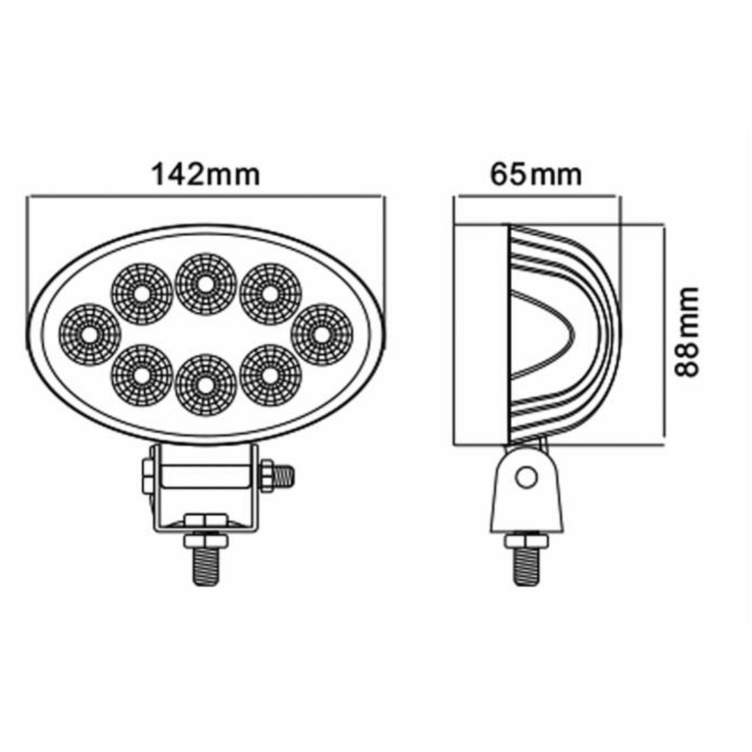 Faro da lavoro LED 24W ovale, 1800 lumen, IP67. Illuminazione potente per trattori e macchine agricole. Robusto, efficiente e facile da montare.