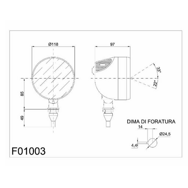 Faro da lavoro alogeno 55–70 W universale Ø118 mm, IP55, con interruttore e lampadina inclusa. Compatibile con Same, Agrifull, Landini, Massey Ferguson.