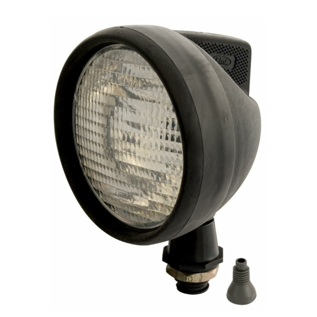 Faro da lavoro alogeno 55–70 W universale Ø118 mm, IP55, con interruttore e lampadina inclusa. Compatibile con Same, Agrifull, Landini, Massey Ferguson.