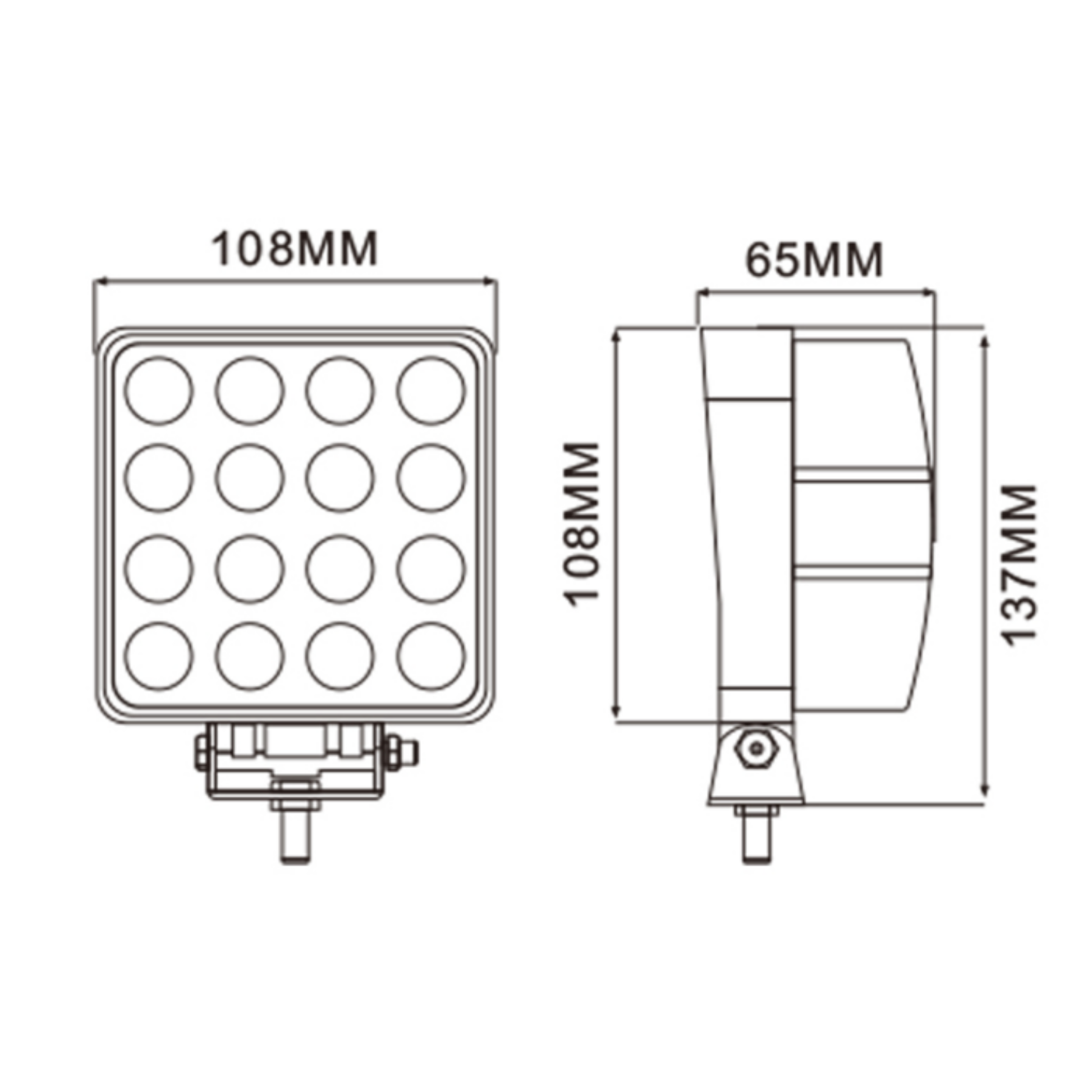 Faro da lavoro LED 48W 10‑36V, 3600 LM, 16 LED Epistar. Ampio raggio, IP67, corpo in alluminio, certificazioni CE/ROHS/R10. Ideale per trattori e macchine agricole.