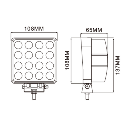 Faro da lavoro LED 48W 10‑36V, 3600 LM, 16 LED Epistar. Ampio raggio, IP67, corpo in alluminio, certificazioni CE/ROHS/R10. Ideale per trattori e macchine agricole.