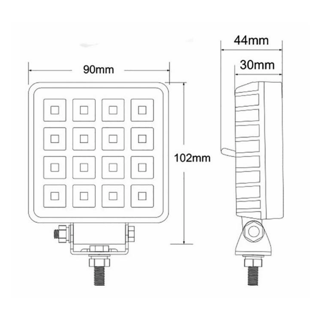 Faro LED quadrato 13,2W, 2400 lumen, IP67. 16 LED, luce ampia, 10–30V con interruttore. Ideale per trattori, fuoristrada e veicoli industriali.