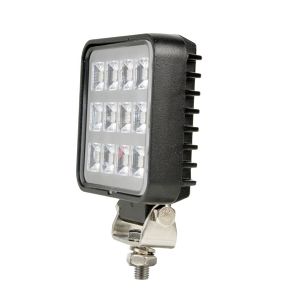 Faro LED quadrato 10,5W, 1800 lumen, IP67 con interruttore. 12 LED, raggio ampio, 10–30V. Robusto, compatto, ideale per trattori e veicoli industriali.