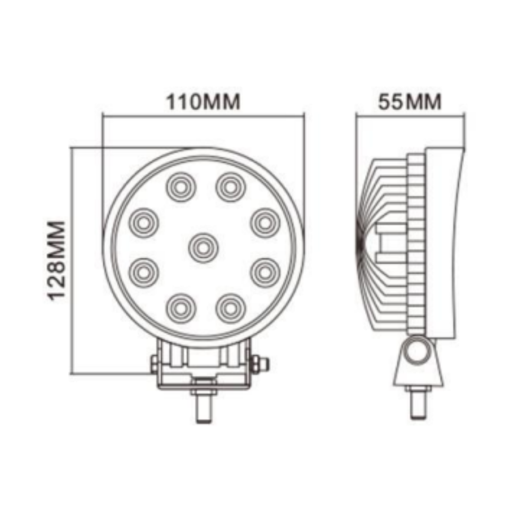 Faro LED rotondo Ø110mm 27W 2025 lumen, 9 LED, IP67. Ampio raggio, 10–36V. Ideale per trattori, off-road e mezzi da lavoro. Installazione universale.