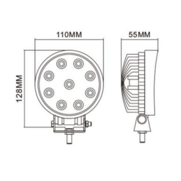 Faro LED rotondo Ø110mm 27W 2025 lumen, 9 LED, IP67. Ampio raggio, 10–36V. Ideale per trattori, off-road e mezzi da lavoro. Installazione universale.