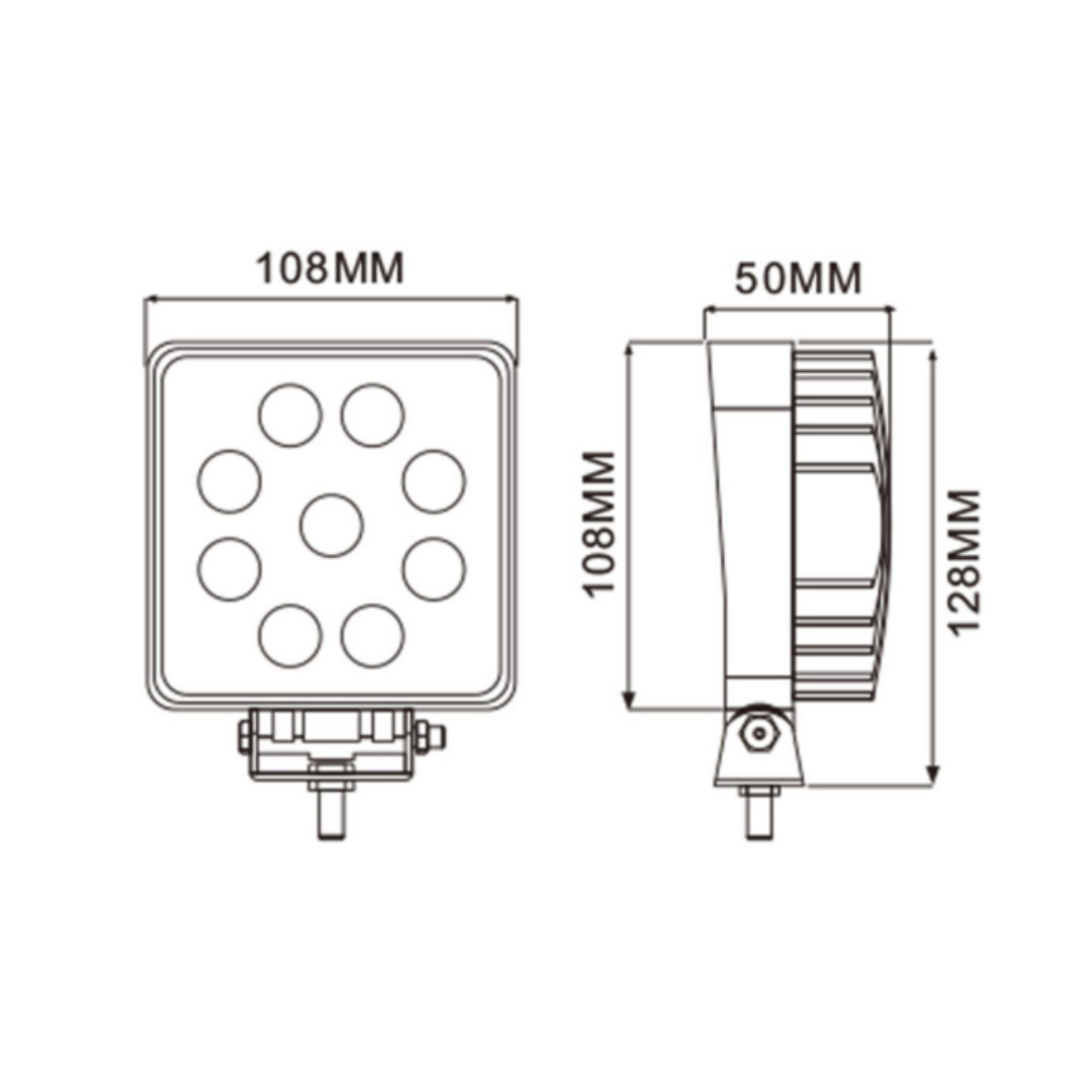 Faro LED rotondo Ø110mm 27W 2025 lumen, 9 LED, IP67. Ampio raggio, 10–36V. Ideale per trattori, off-road e mezzi da lavoro. Installazione universale.