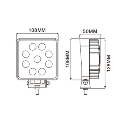Faro LED rotondo Ø110mm 27W 2025 lumen, 9 LED, IP67. Ampio raggio, 10–36V. Ideale per trattori, off-road e mezzi da lavoro. Installazione universale.
