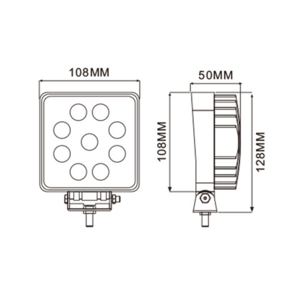 Faro LED rotondo Ø110mm 27W 2025 lumen, 9 LED, IP67. Ampio raggio, 10–36V. Ideale per trattori, off-road e mezzi da lavoro. Installazione universale.
