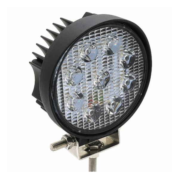 Faro LED rotondo Ø110mm 27W 2025 lumen, 9 LED, IP67. Ampio raggio, 10–36V. Ideale per trattori, off-road e mezzi da lavoro. Installazione universale.