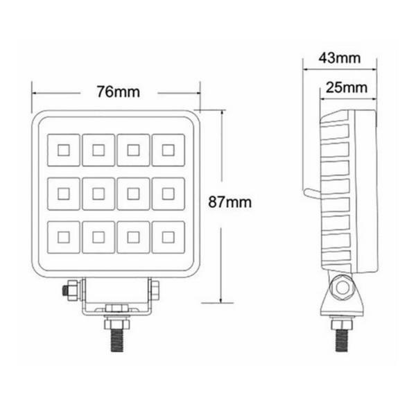 Faro LED quadrato 10,5W, 1800 lumen, IP67 con interruttore. 12 LED, raggio ampio, 10–30V. Robusto, compatto, ideale per trattori e veicoli industriali.