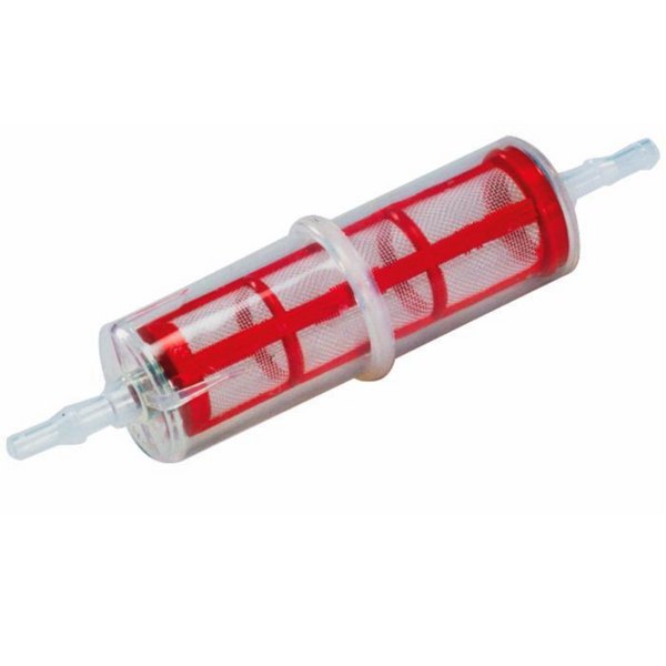 Filtro carburante in linea in plastica con cartuccia in rete, lunghezza 204 mm e diametro 8/10 mm. Ideale per trattori, macchine agricole e piccoli motori