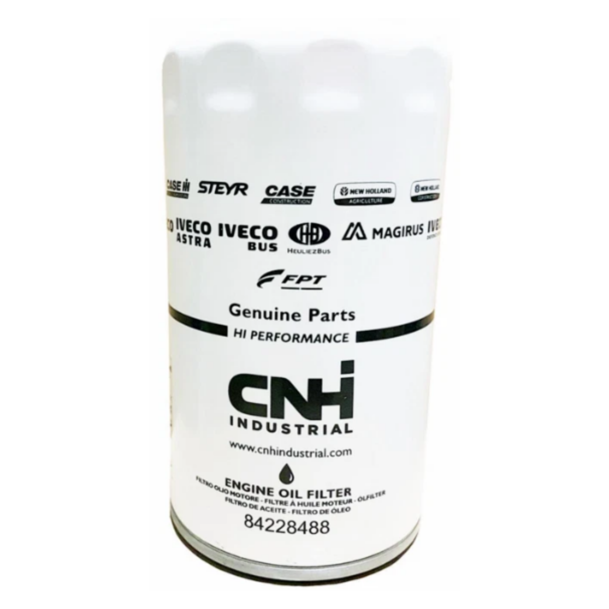 Filtro olio motore 96x177 mm con filettatura M27x2 per trattori New Holland e Fiat. Compatibile con serie T4, T5, T6, T7, T7000 e TS. Codice CNH FPT 84228488
