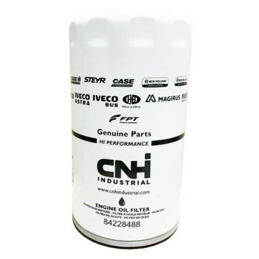 Filtro olio motore 96x177 mm con filettatura M27x2 per trattori New Holland e Fiat. Compatibile con serie T4, T5, T6, T7, T7000 e TS. Codice CNH FPT 84228488